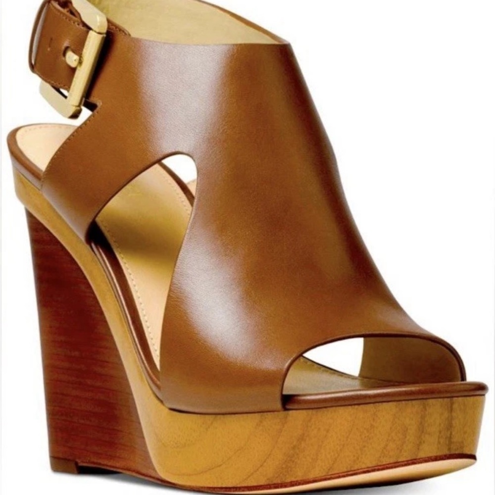 Michael Kors Tan Leather Peep-Toe Wedge Sandals